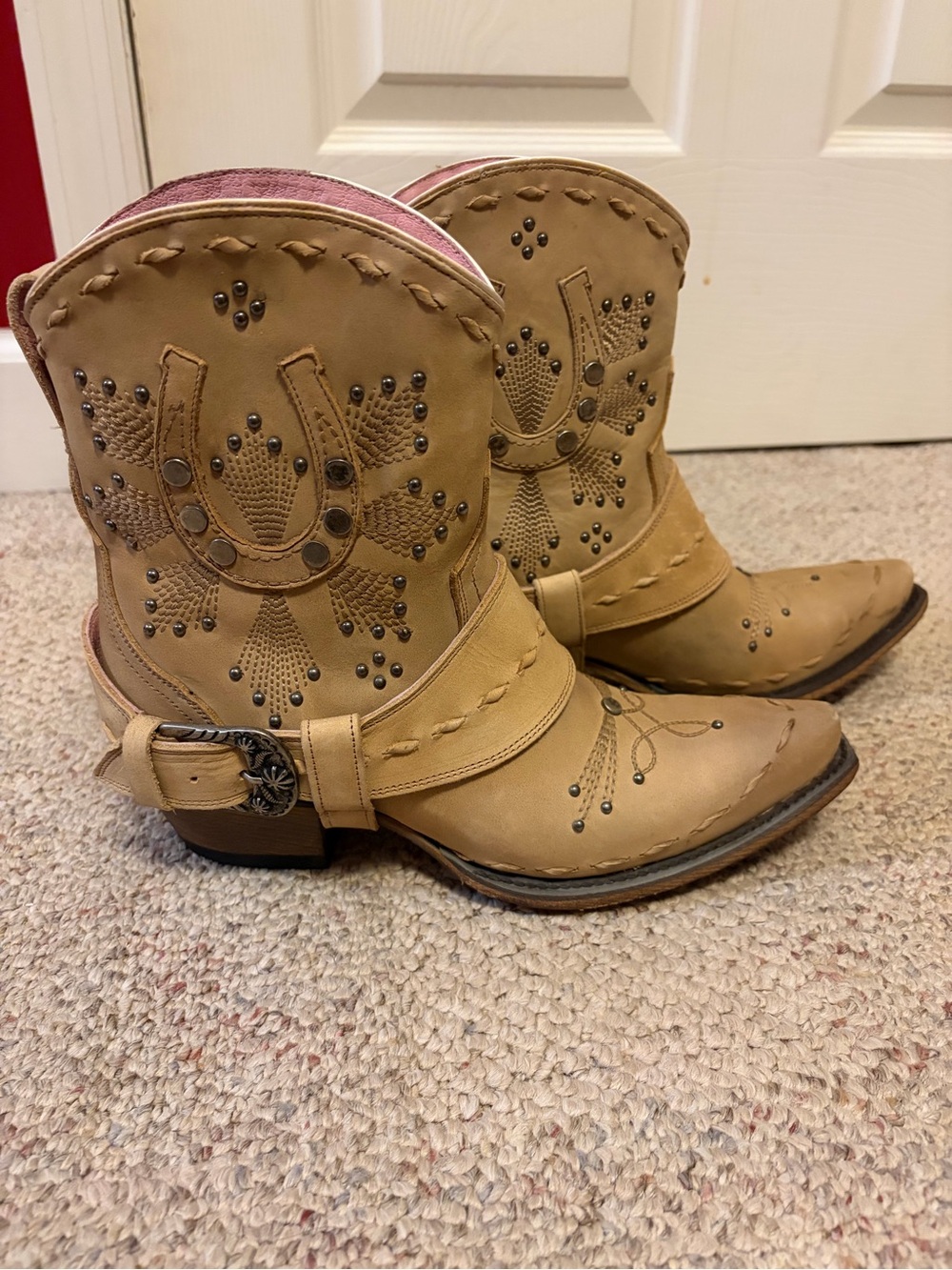Junk Gypsy by Lane Tan Studded Western Ankle Boots with Pink Lining.